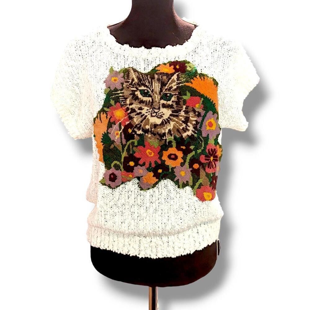 Upcycled Vintage Colorful Embroidered Floral Cat SegueSweater